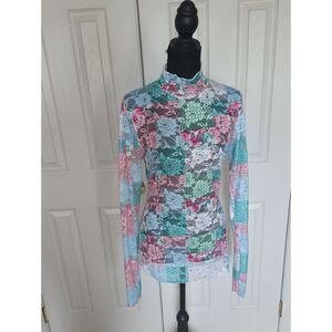 Floral Patchwork Long-Sleeve Mock Neck Top - Pink, Teal & White
